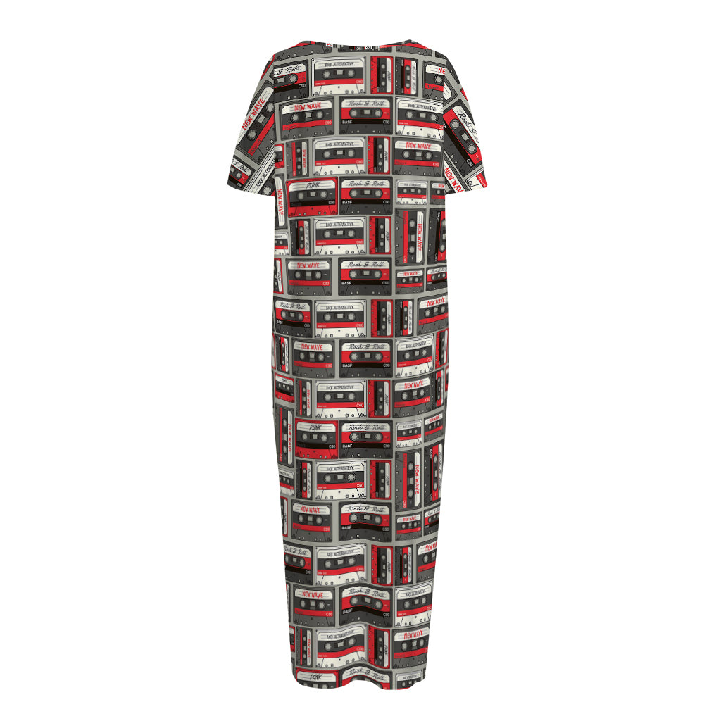 Retro Cassette Tape Pattern Print Short Sleeve Long Nightdress