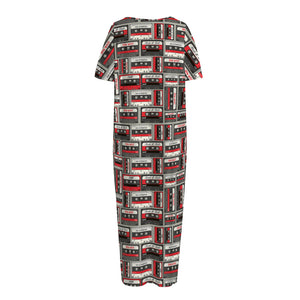 Retro Cassette Tape Pattern Print Short Sleeve Long Nightdress