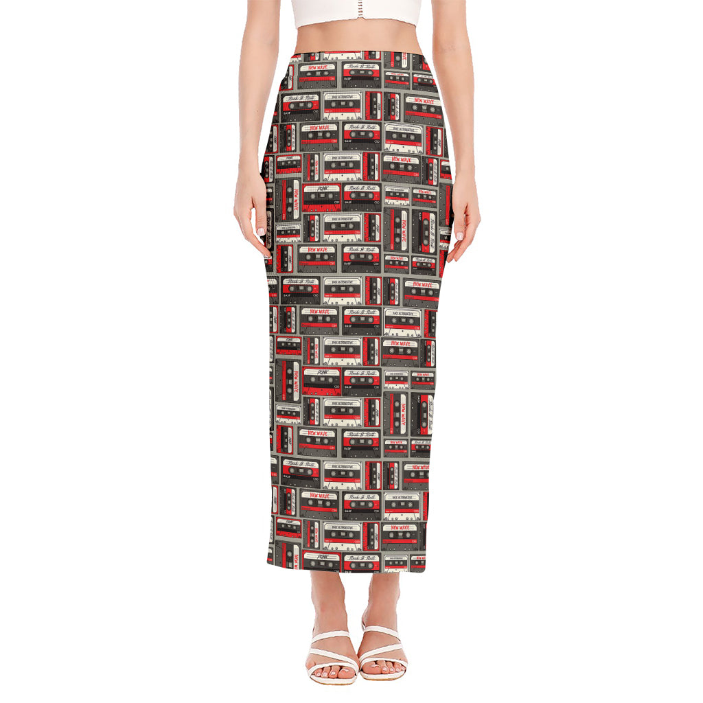 Retro Cassette Tape Pattern Print Side Slit Maxi Skirt