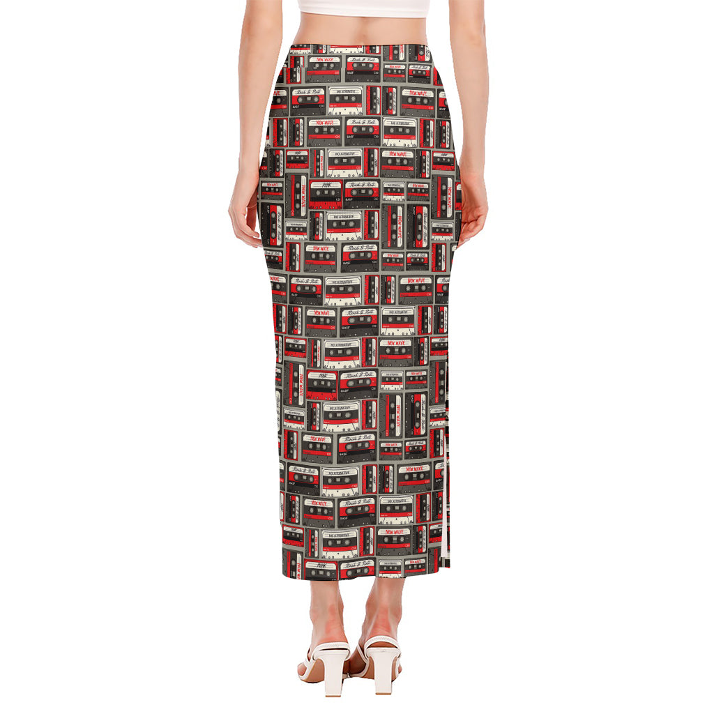 Retro Cassette Tape Pattern Print Side Slit Maxi Skirt