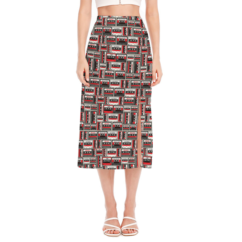 Retro Cassette Tape Pattern Print Side Slit Midi Skirt