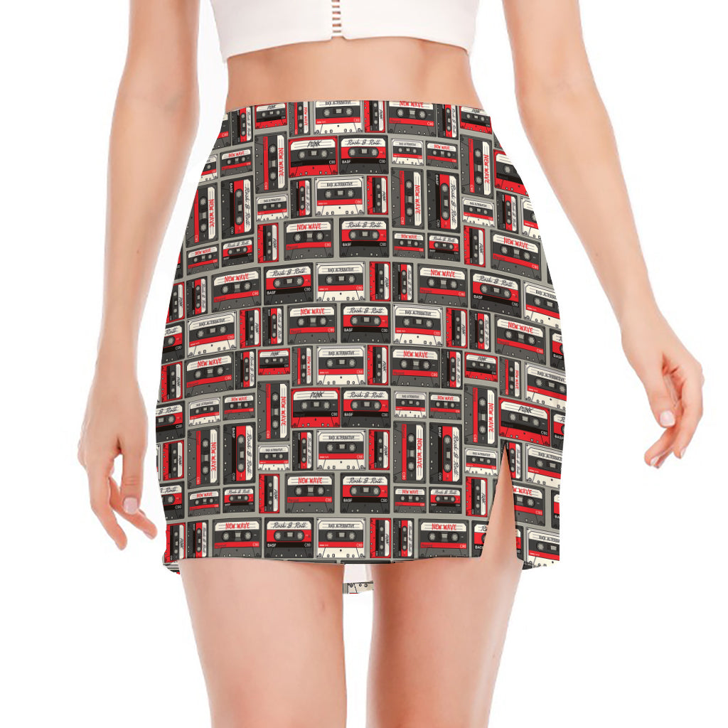 Retro Cassette Tape Pattern Print Side Slit Mini Skirt