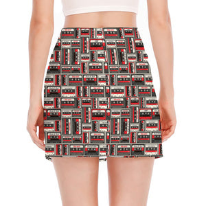 Retro Cassette Tape Pattern Print Side Slit Mini Skirt