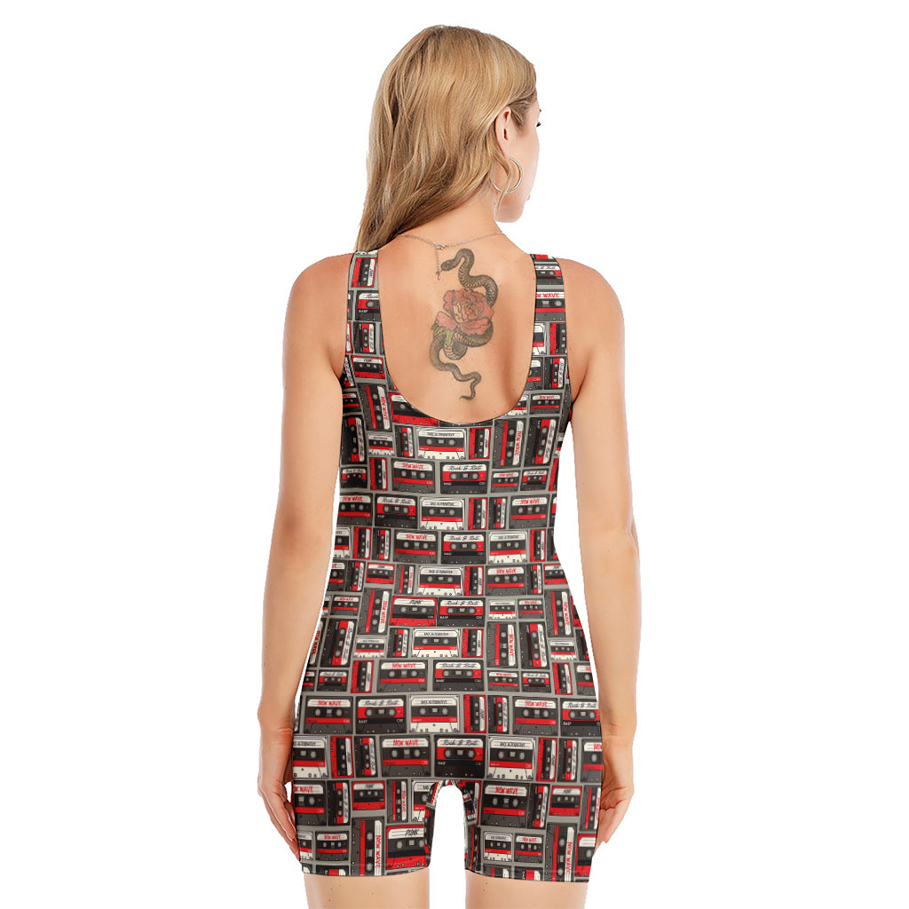 Retro Cassette Tape Pattern Print Sleeveless One Piece Swimsuit