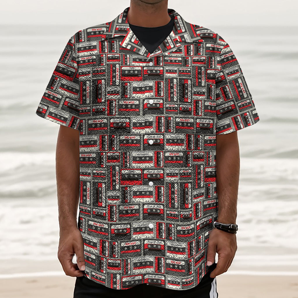 Retro Cassette Tape Pattern Print Textured Short Sleeve Shirt