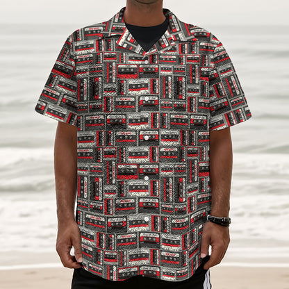 Retro Cassette Tape Pattern Print Textured Short Sleeve Shirt
