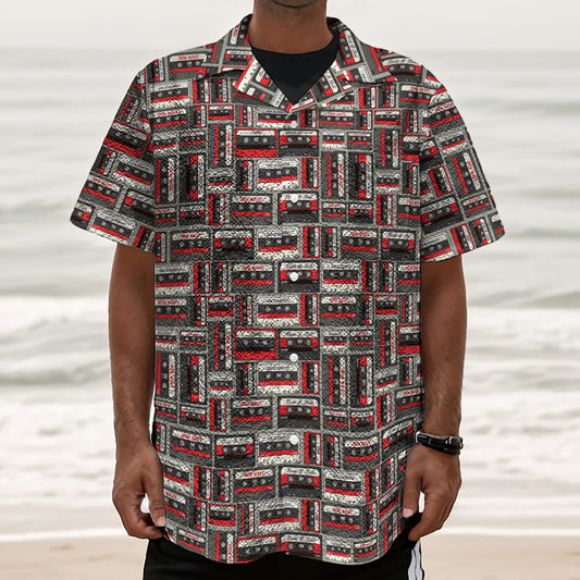 Retro Cassette Tape Pattern Print Textured Short Sleeve Shirt