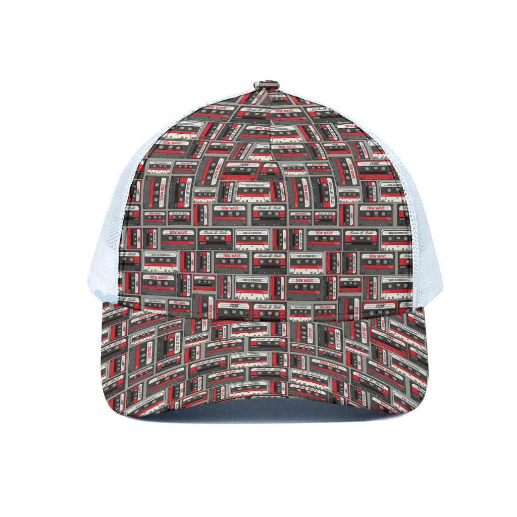 Retro Cassette Tape Pattern Print White Mesh Trucker Cap