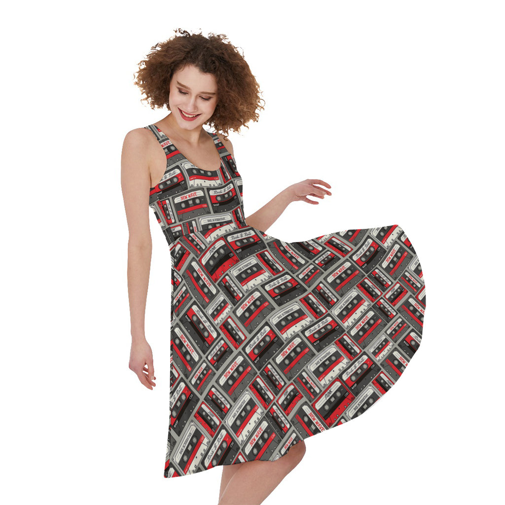 Retro Cassette Tape Pattern Print Women's Sleeveless Dress