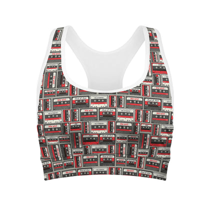 Retro Cassette Tape Pattern Print Women's Sports Bra