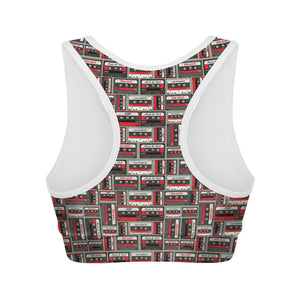 Retro Cassette Tape Pattern Print Women's Sports Bra