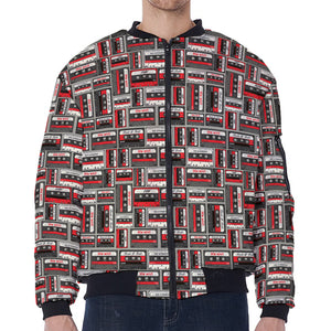 Retro Cassette Tape Pattern Print Zip Sleeve Bomber Jacket