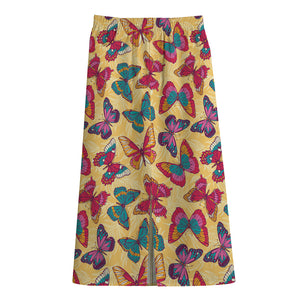 Retro Colorful Butterfly Pattern Print Cotton Front Slit Maxi Skirt