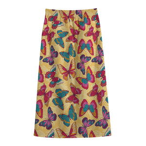 Retro Colorful Butterfly Pattern Print Cotton Front Slit Maxi Skirt