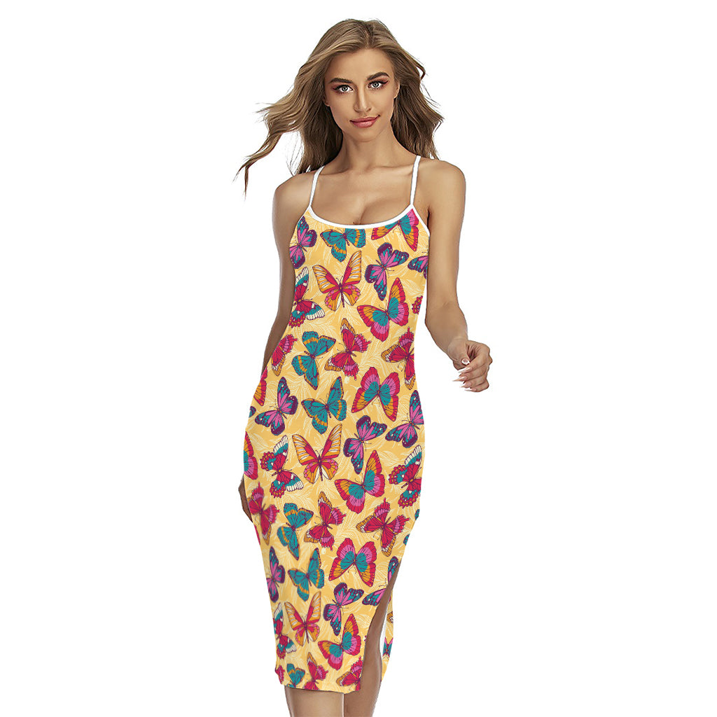 Retro Colorful Butterfly Pattern Print Cross Back Cami Dress