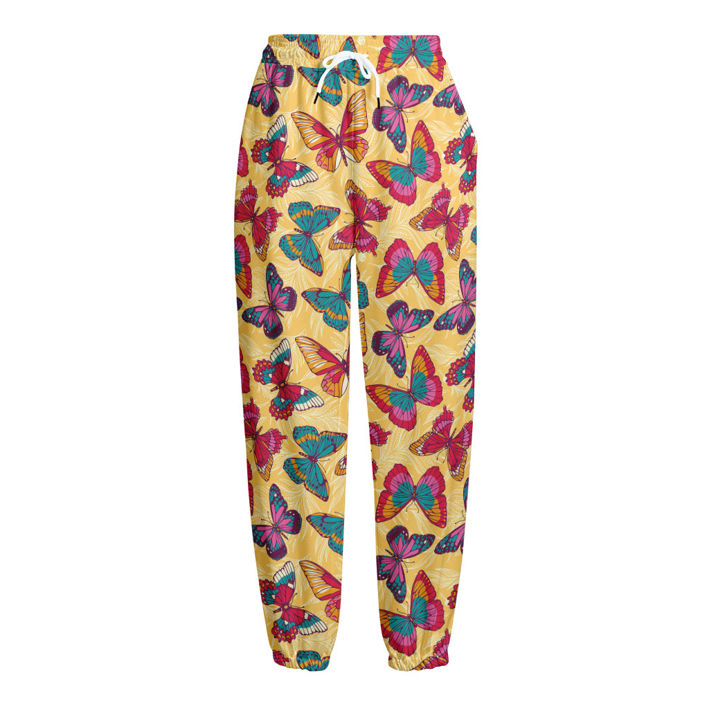 Retro Colorful Butterfly Pattern Print Fleece Lined Knit Pants