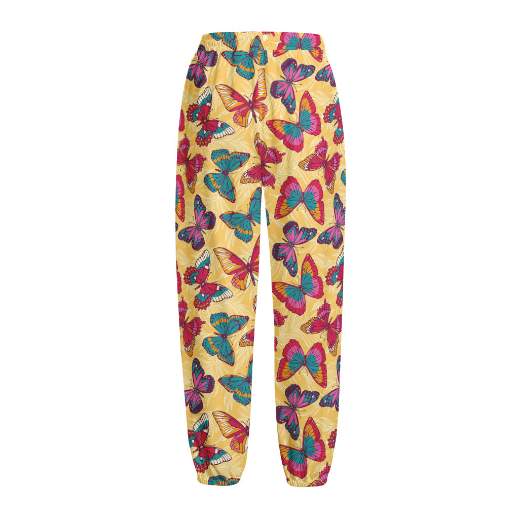 Retro Colorful Butterfly Pattern Print Fleece Lined Knit Pants