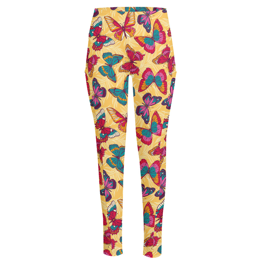 Retro Colorful Butterfly Pattern Print High-Waisted Pocket Leggings