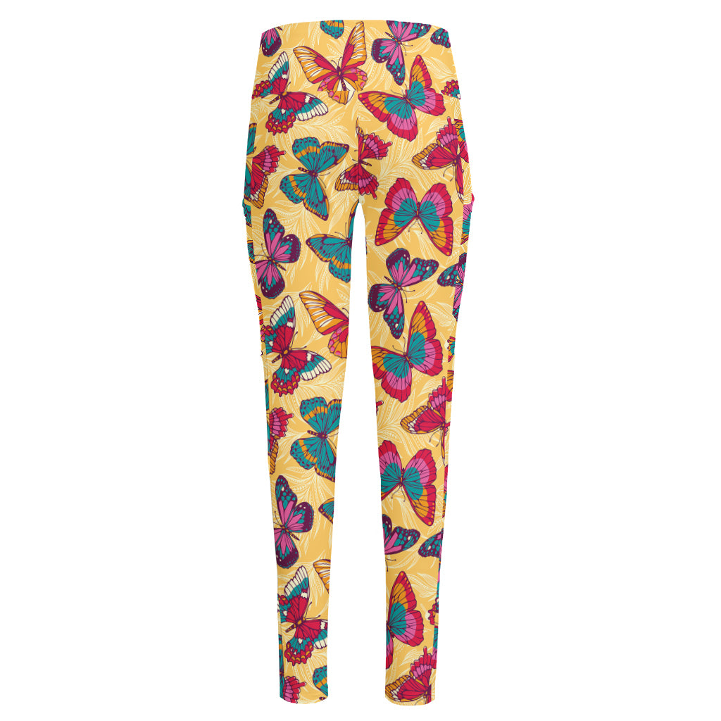 Retro Colorful Butterfly Pattern Print High-Waisted Pocket Leggings