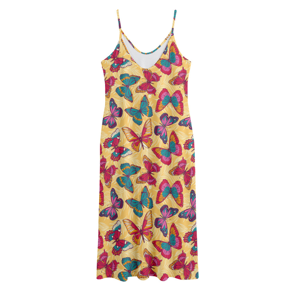 Retro Colorful Butterfly Pattern Print Jersey Midi Cami Dress