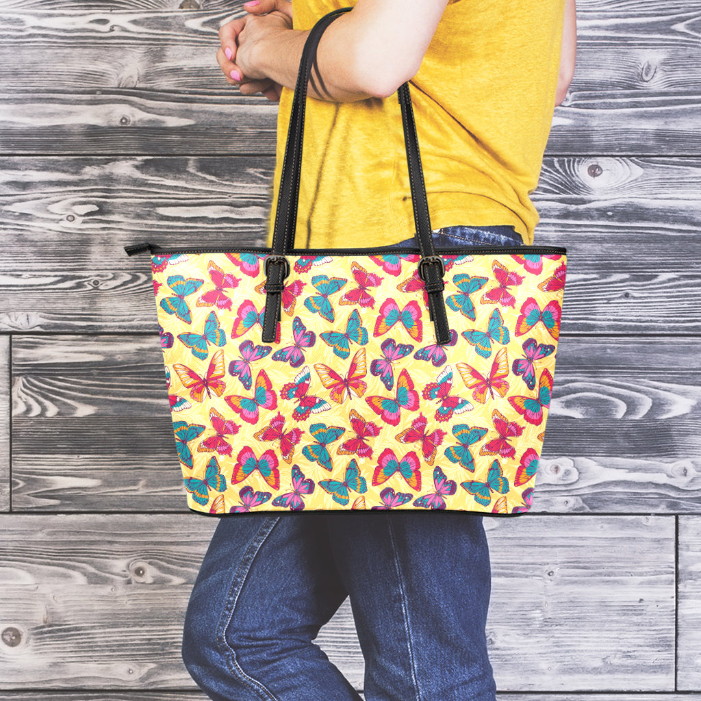 Retro Colorful Butterfly Pattern Print Leather Tote Bag