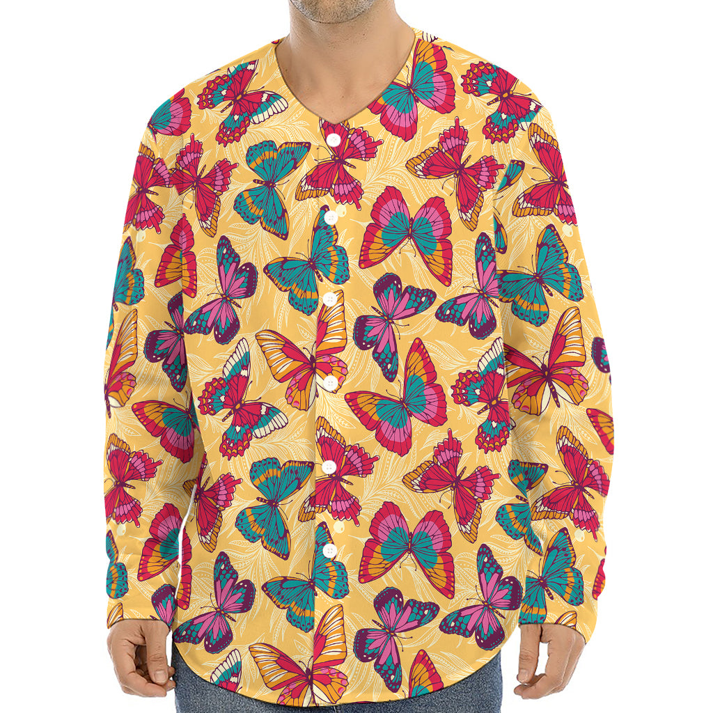 Retro Colorful Butterfly Pattern Print Long Sleeve Baseball Jersey