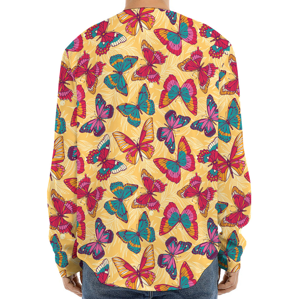 Retro Colorful Butterfly Pattern Print Long Sleeve Baseball Jersey