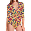 Retro Colorful Butterfly Pattern Print Long Sleeve Swimsuit