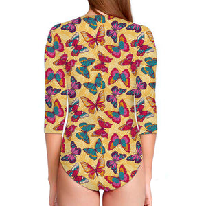 Retro Colorful Butterfly Pattern Print Long Sleeve Swimsuit