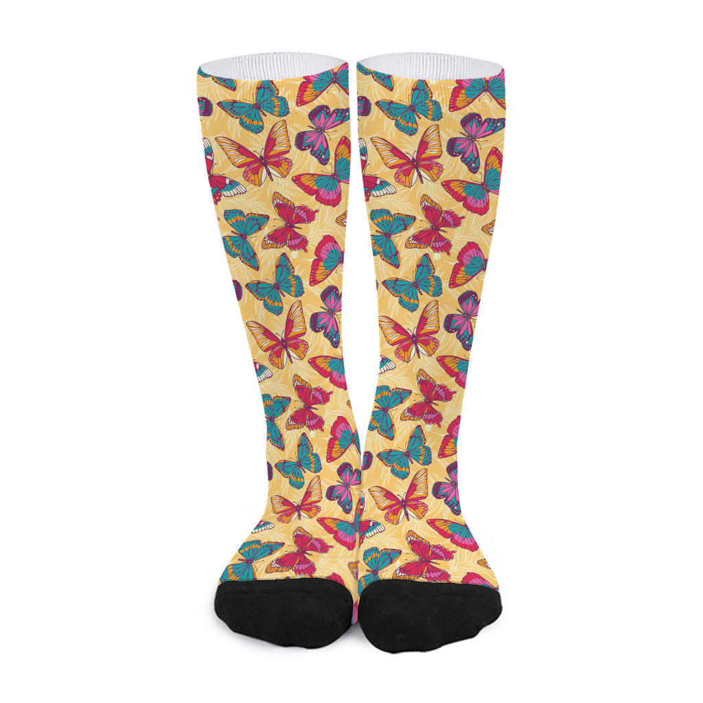 Retro Colorful Butterfly Pattern Print Long Socks