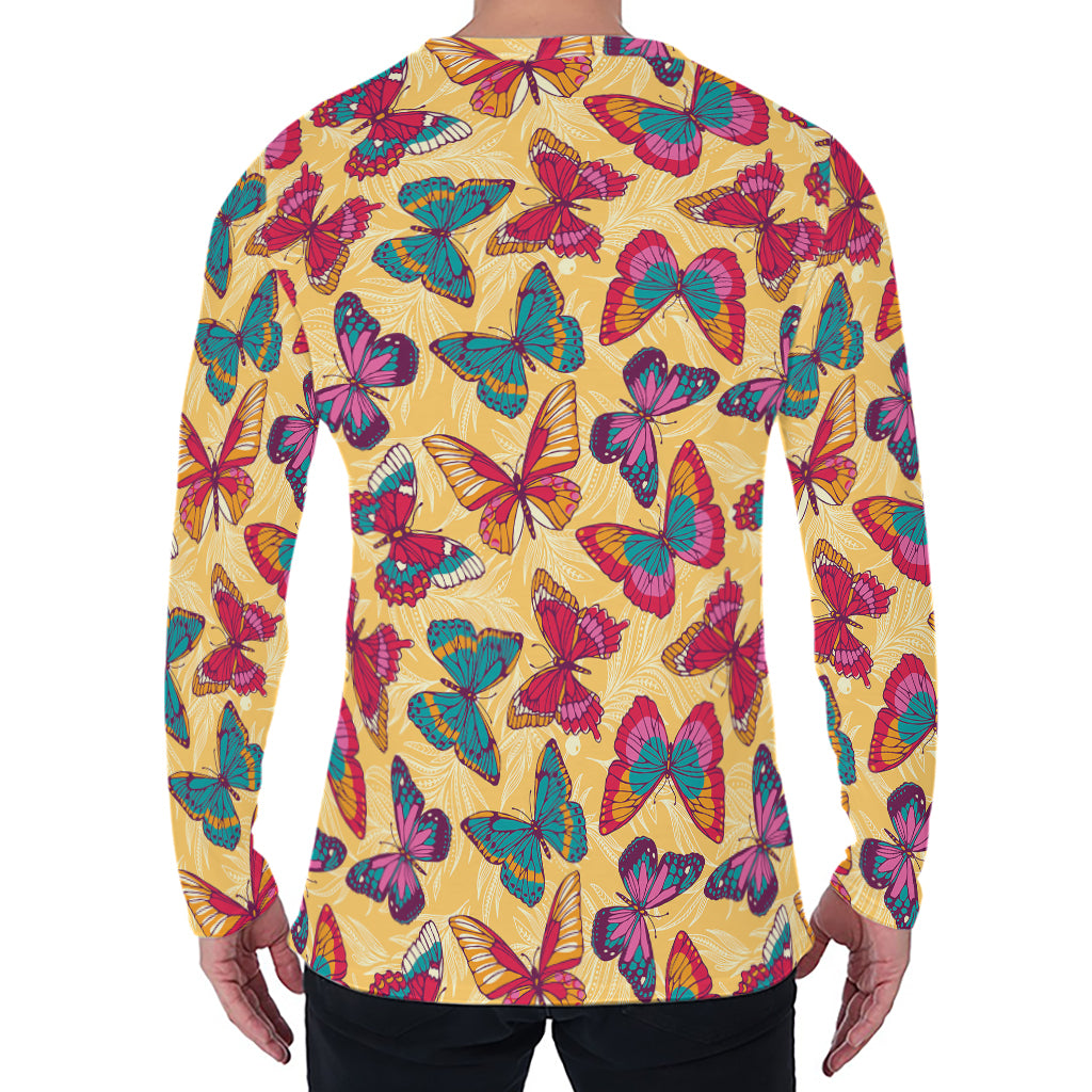 Retro Colorful Butterfly Pattern Print Men's Long Sleeve T-Shirt