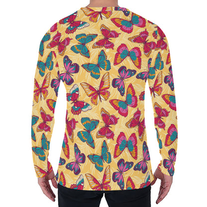 Retro Colorful Butterfly Pattern Print Men's Long Sleeve T-Shirt