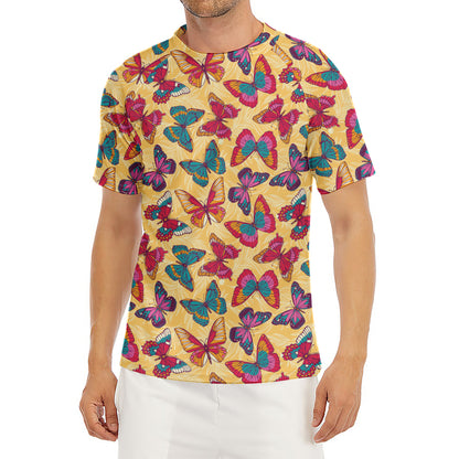 Retro Colorful Butterfly Pattern Print Men's Short Sleeve Rash Guard