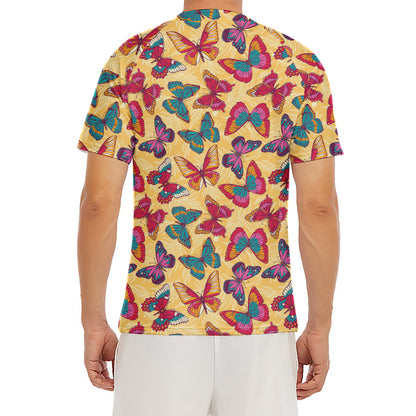 Retro Colorful Butterfly Pattern Print Men's Short Sleeve Rash Guard