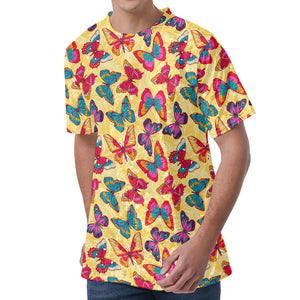 Retro Colorful Butterfly Pattern Print Men's Velvet T-Shirt