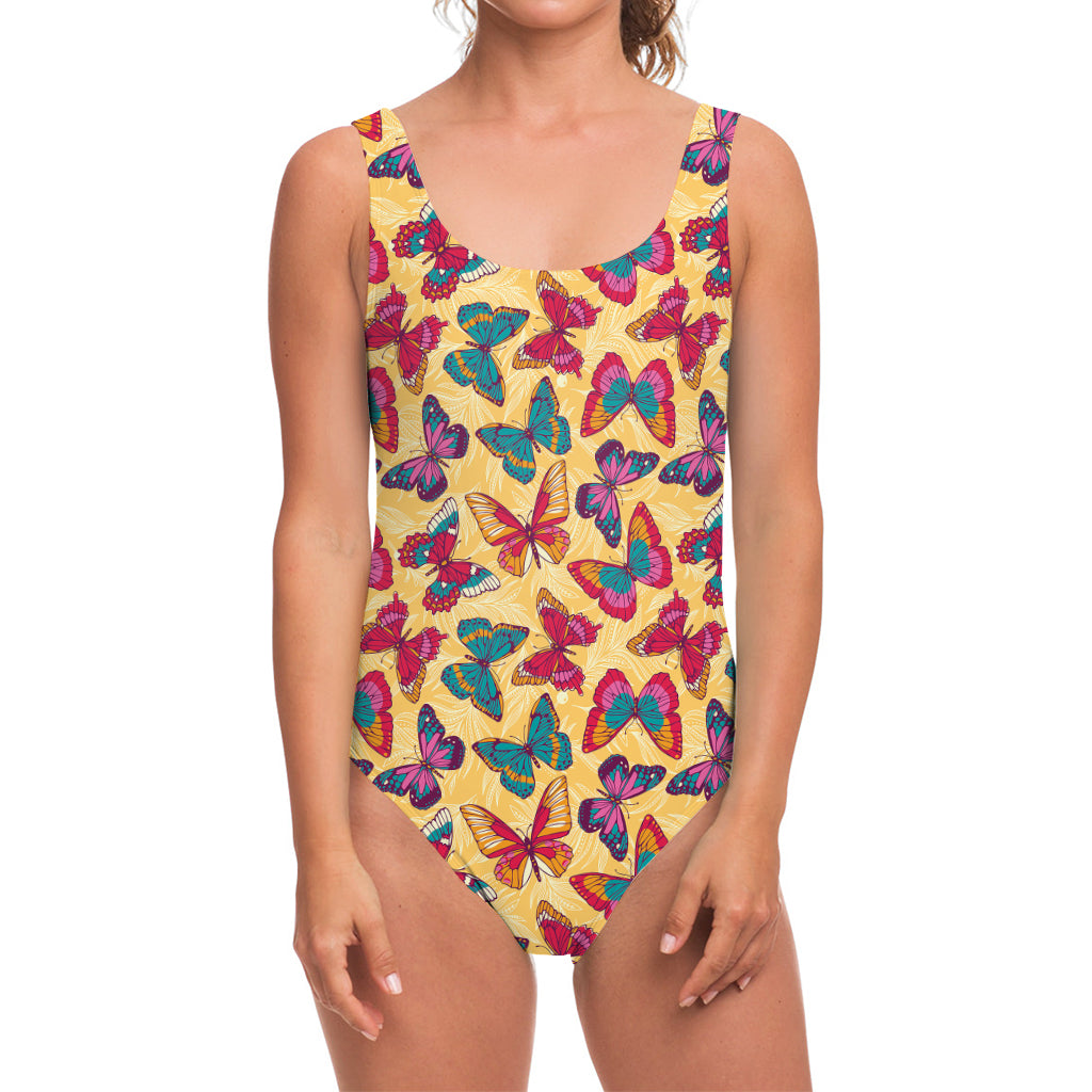 Retro Colorful Butterfly Pattern Print One Piece Swimsuit