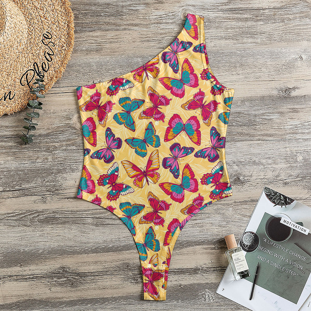 Retro Colorful Butterfly Pattern Print One Shoulder Bodysuit