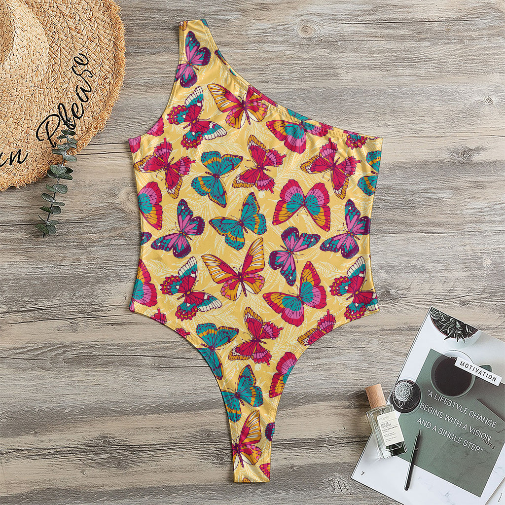 Retro Colorful Butterfly Pattern Print One Shoulder Bodysuit