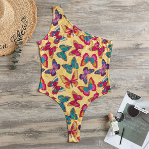 Retro Colorful Butterfly Pattern Print One Shoulder Bodysuit