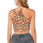 Retro Colorful Butterfly Pattern Print One Shoulder Crop Top