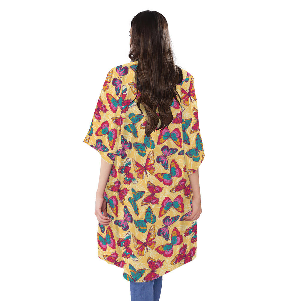 Retro Colorful Butterfly Pattern Print Open Front Beach Cover Up