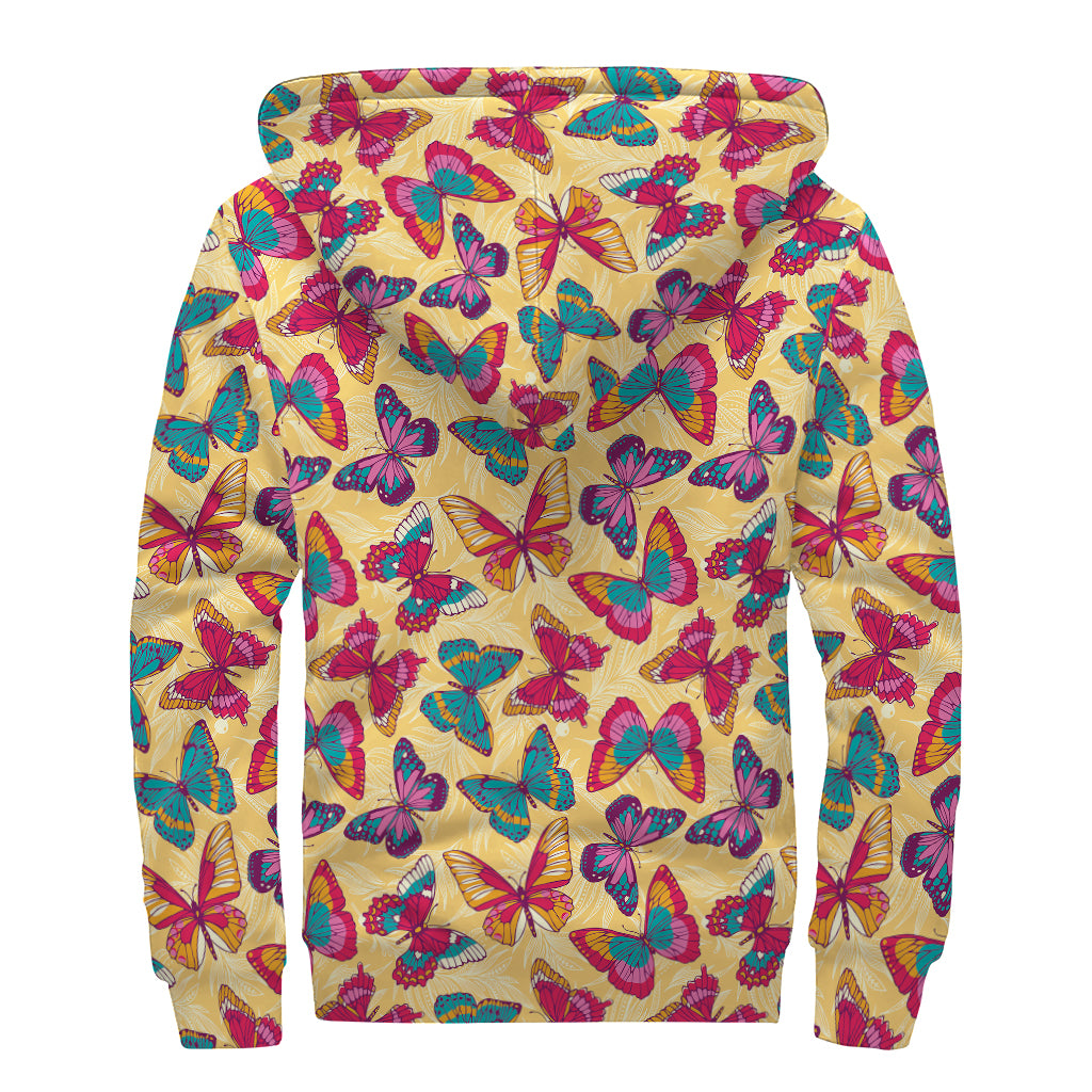 Retro Colorful Butterfly Pattern Print Sherpa Lined Zip Up Hoodie