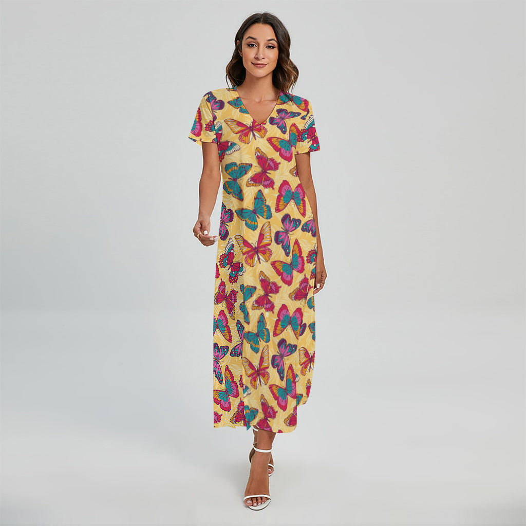 Retro Colorful Butterfly Pattern Print Short Sleeve Maxi Dress