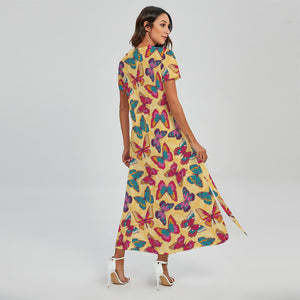 Retro Colorful Butterfly Pattern Print Short Sleeve Maxi Dress