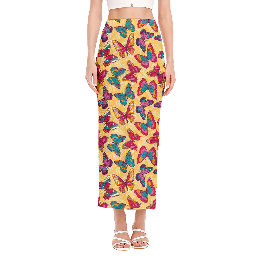 Retro Colorful Butterfly Pattern Print Side Slit Maxi Skirt