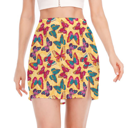 Retro Colorful Butterfly Pattern Print Side Slit Mini Skirt