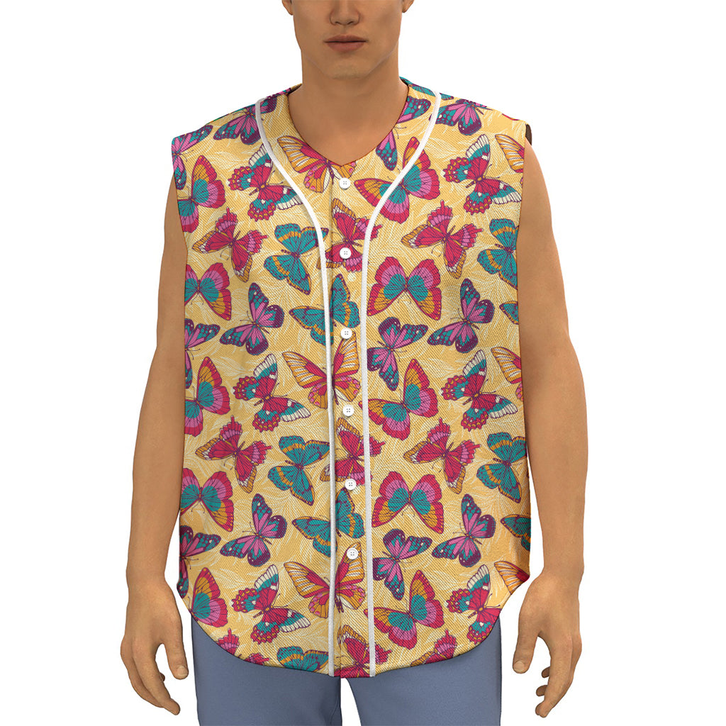Retro Colorful Butterfly Pattern Print Sleeveless Baseball Jersey