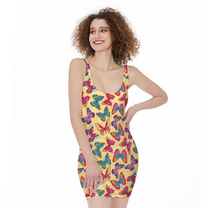 Retro Colorful Butterfly Pattern Print Sleeveless Bodycon Dress