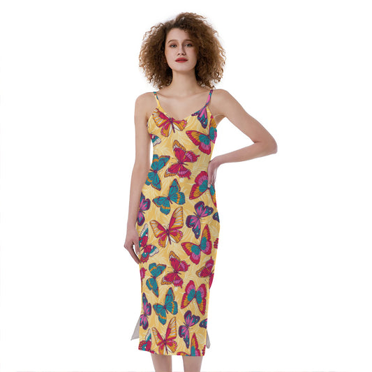 Retro Colorful Butterfly Pattern Print Slim Fit Midi Cami Dress