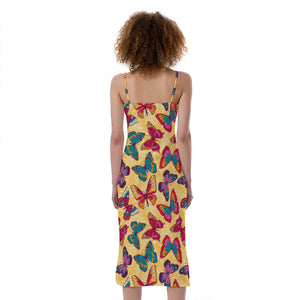 Retro Colorful Butterfly Pattern Print Slim Fit Midi Cami Dress